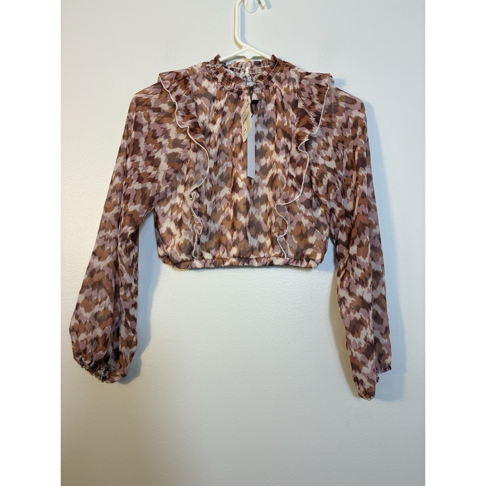 NEW! Koko + Mason Long Sleeve Cropped Blouse Sz Large Mauve‎ High Neck Ruffle